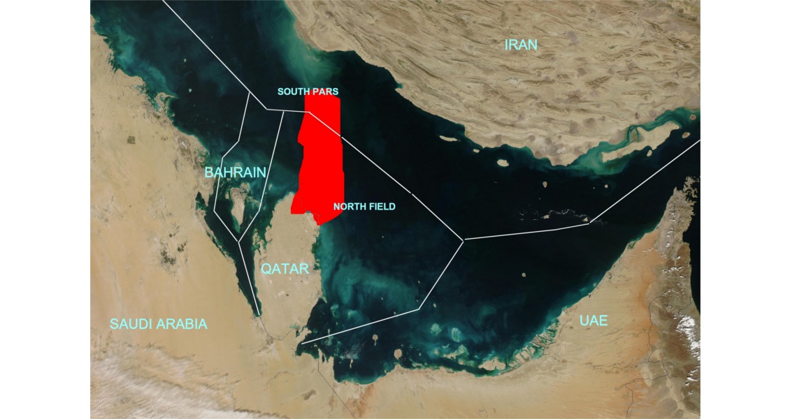 Map of Persian Gulf energy infrastructure — South Pars field, Strait of Hormuz, and GCC installations
