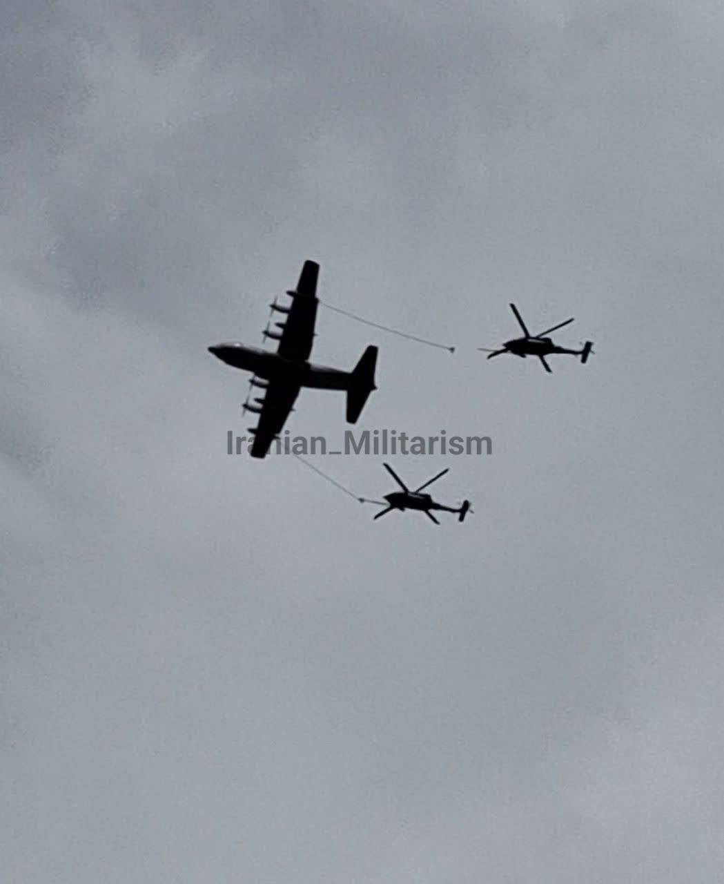 US MC-130J Special Operations aircraft refuelling two UH-60 Black Hawk helicopters over Iran