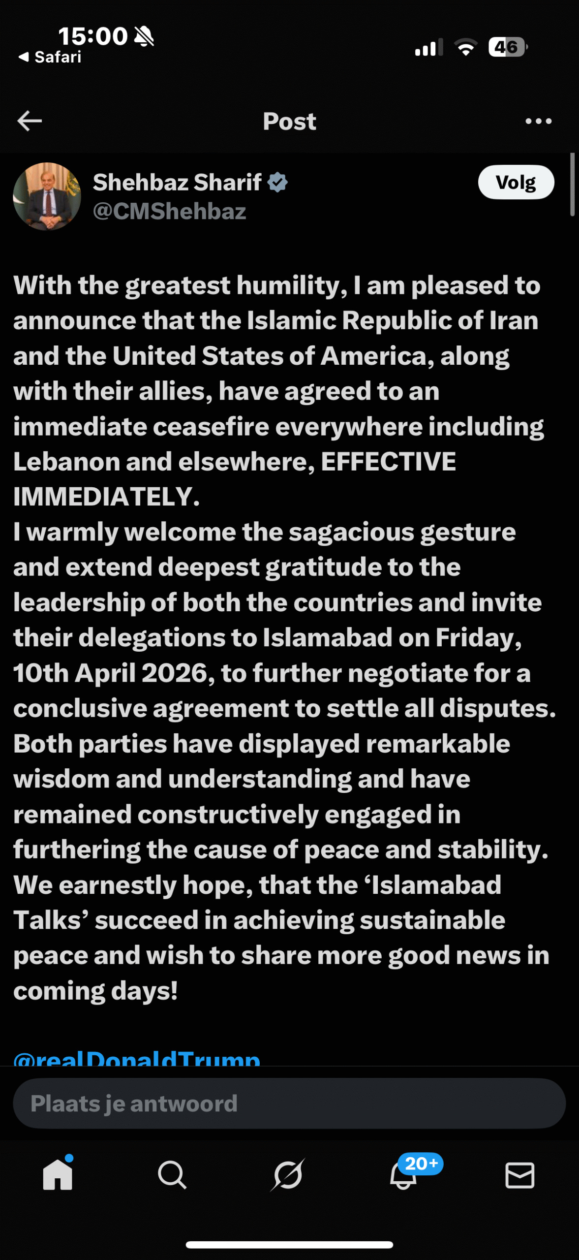 Tweet from Pakistani PM Shehbaz Sharif announcing ceasefire between US and Iran