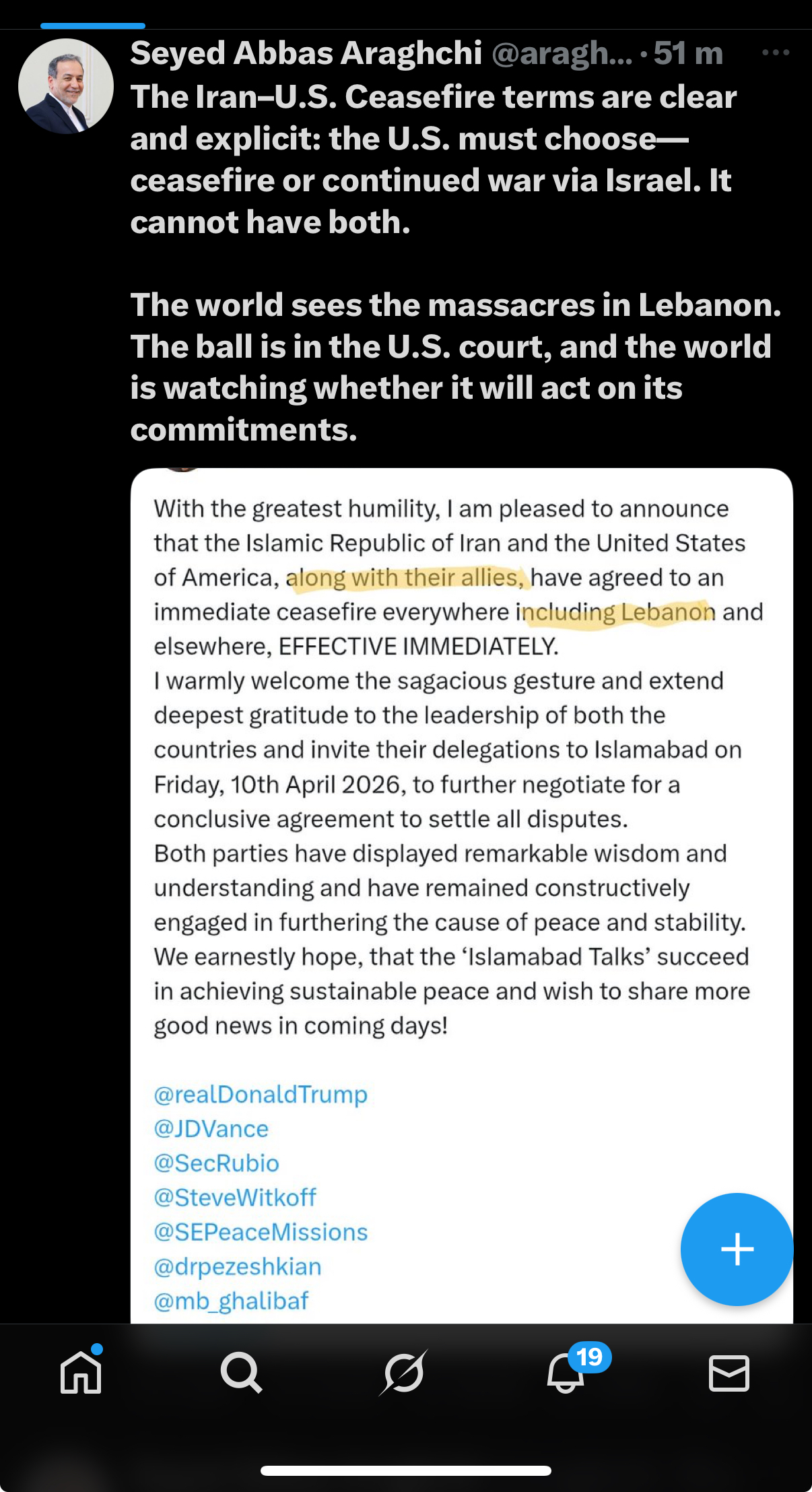 Statement by Iranian Foreign Minister Araghchi on ceasefire terms