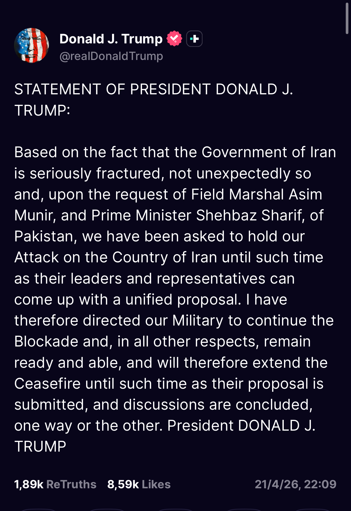 Truth Social statement by President Donald J. Trump announcing ceasefire extension, 21 April 2026