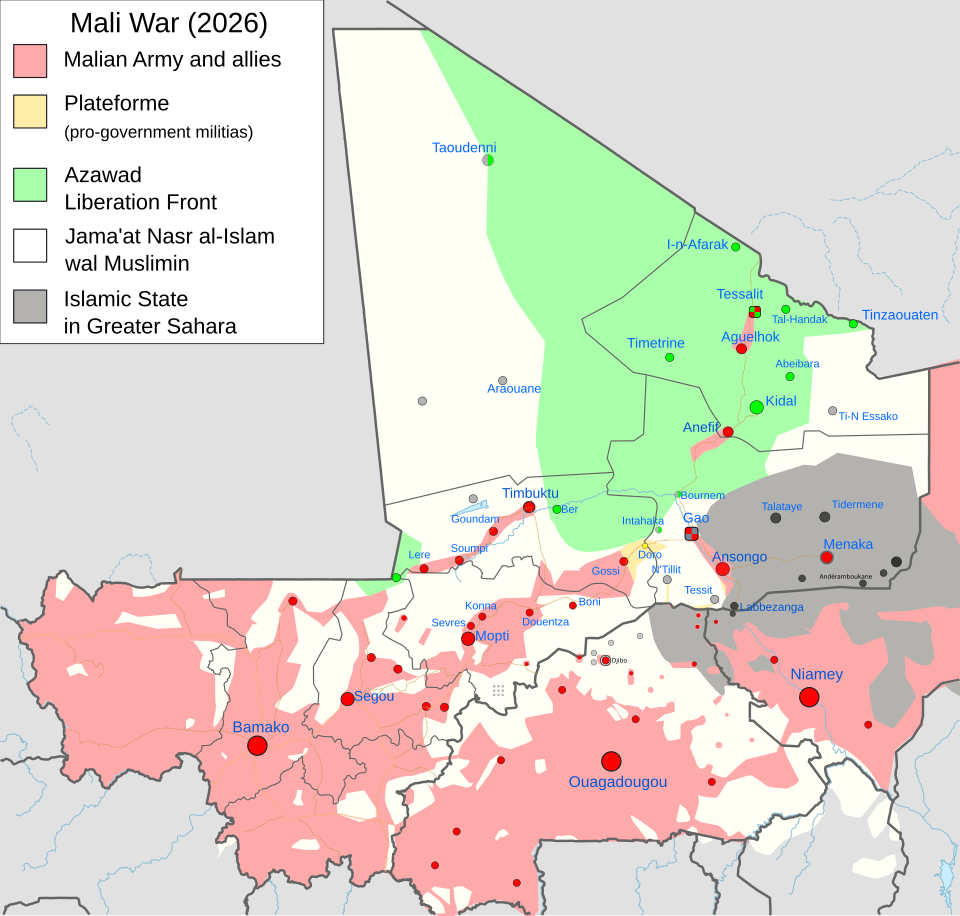 Map of current faction control in Mali as of 2 May 2026