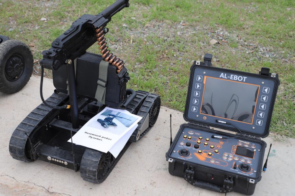 A machine-gun equipped unmanned ground vehicle (UGV) during a training exercise in Kyrgyzstan