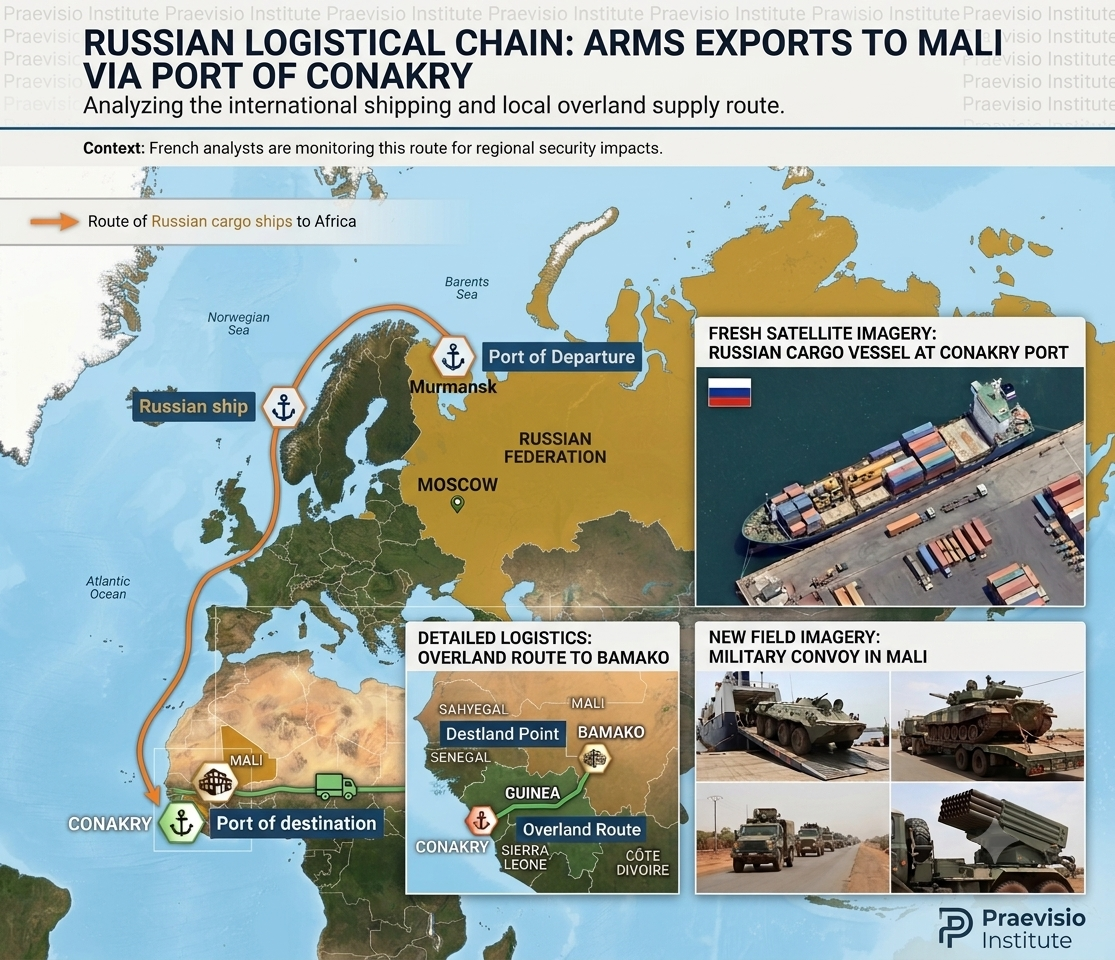 Russian logistical chain: arms exports to Mali via Port of Conakry — shipping route from Murmansk through the Atlantic to Conakry, Guinea, then overland to Bamako, Mali. Praevisio Institute infographic.